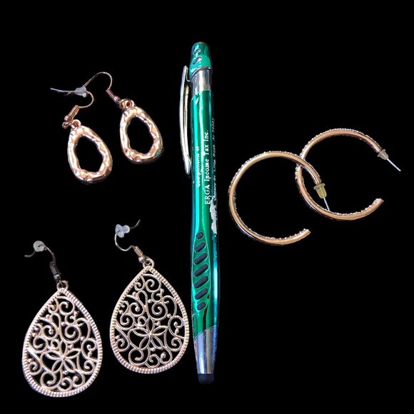 Earrings Set of 3, Hoops, Hammered, and Teardrops in Rose Goldtone - Picture 8 of 12